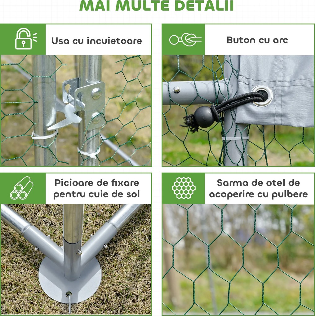 PawHut Coteț pentru Găini de Exterior, 2.8x3.8x2m Recintă din Oțel Zincat cu Acoperiș Impermeabil Anti-UV și Încuietoare, Găini, Iepuri și Rațe | Aosom Romania