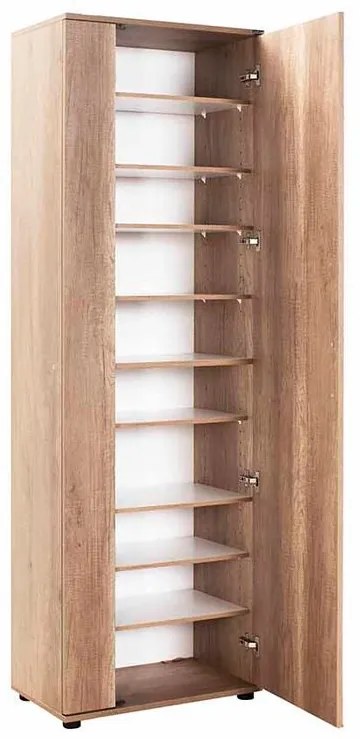 Pantofar Adore Porto, 2 usi reversibile cu oglinda, 10 rafturi, capacitate 28 perechi incaltaminte, Alb / Stejar, 60 x 35 x 187 cm