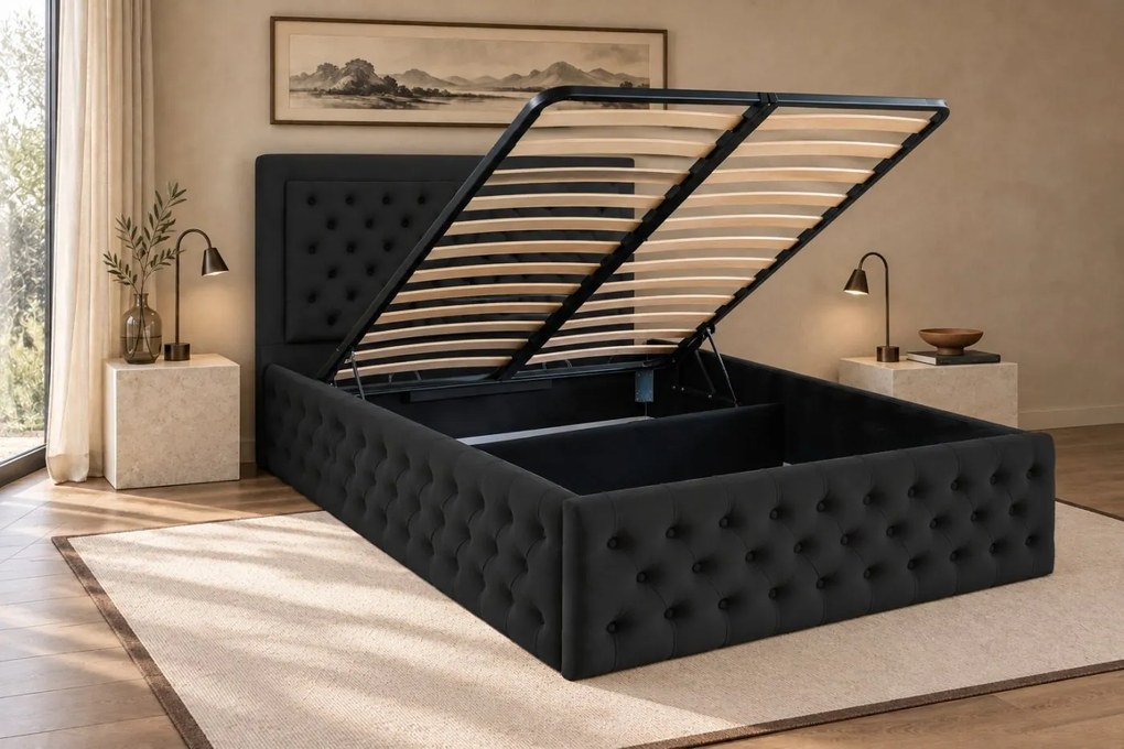 Pat tapițat Chesterfield din catifea Ophelia Deluxe 140×200 cm, negru, cu ladă de depozitare