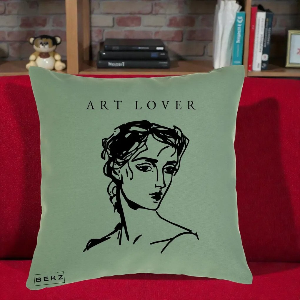Perna Decorativa Art Lover Portret Grafic, 40x40 cm, Verde, Husa Detasabila, Perna Inclusa, BEKZ®