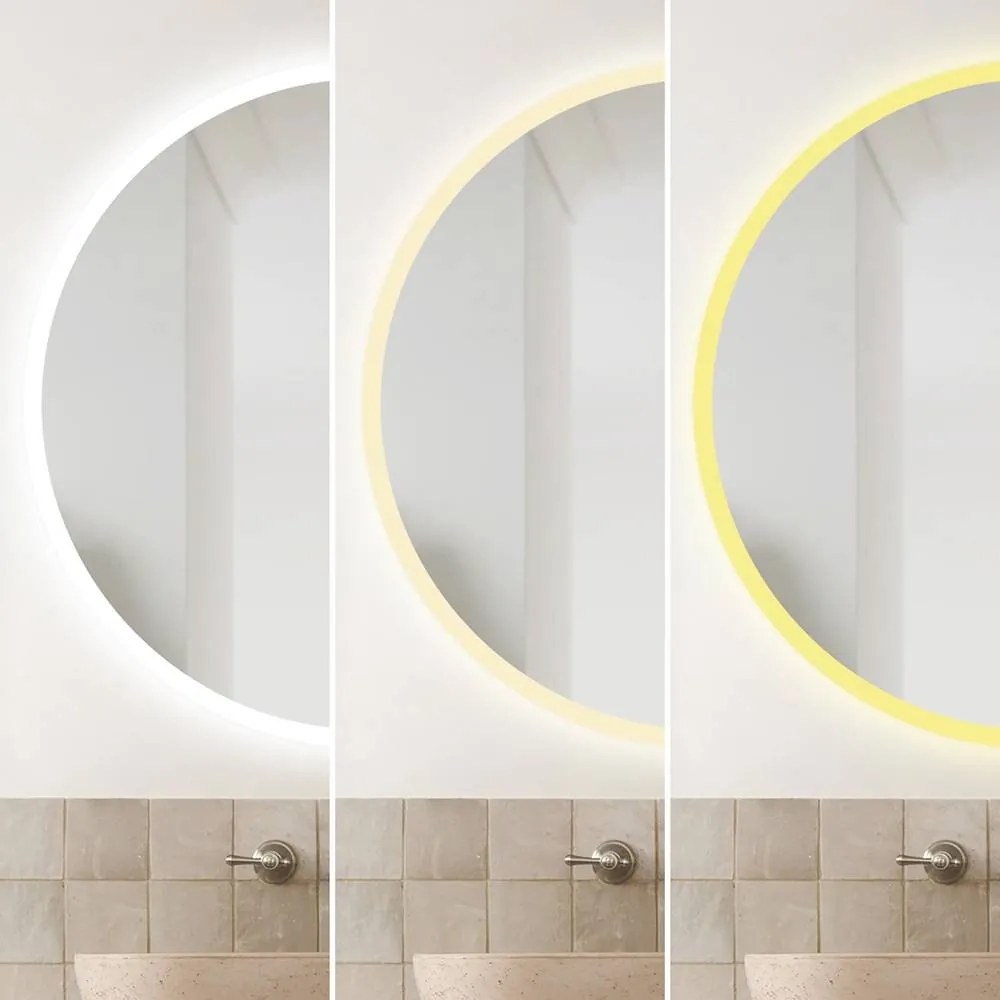 Oglindă LED Rotundă (Diametru 50 cm), 3 Moduri Iluminare (Lumină Rece, Naturală, Caldă), Intensitate Reglabilă, Ramă Luminosă, Control Tactil (Touch)