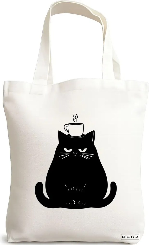 Sacosa de Panza pentru Cumparaturi, Geanta Tote, model Caffeine Cat 19 38 x 34.5 cm, Alba, BEKZ®