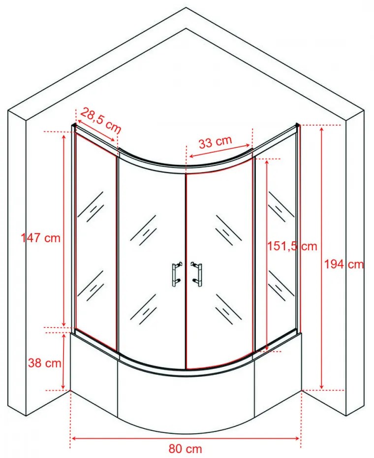 Spirit Deep 80x80 cm cabină de duș curbată cu tavă adâncă