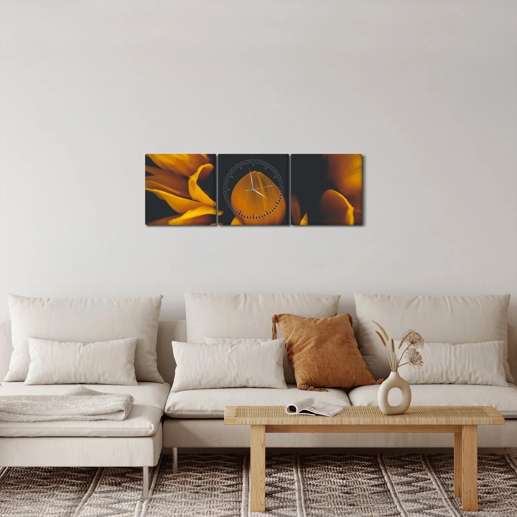 Tablou - Floarea-soarelui în fundal negru (cu ceas) (90x30 cm)