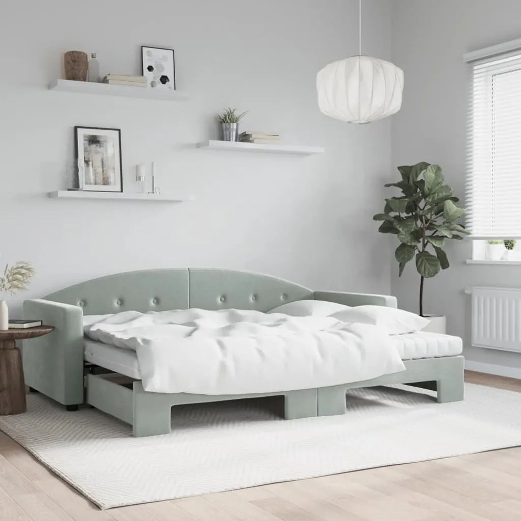 vidaXL Pat de zi cu extensie și saltele, gri deschis 80x200 cm catifea