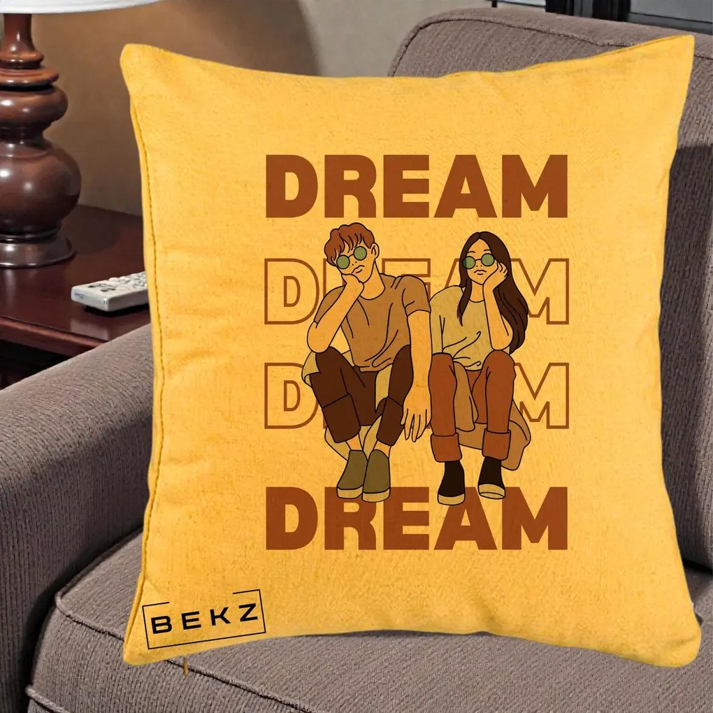 Perna Decorativa Dream Couple Aesthetic, 40x40 cm, Galben, Husa Detasabila, Perna Inclusa, BEKZ®