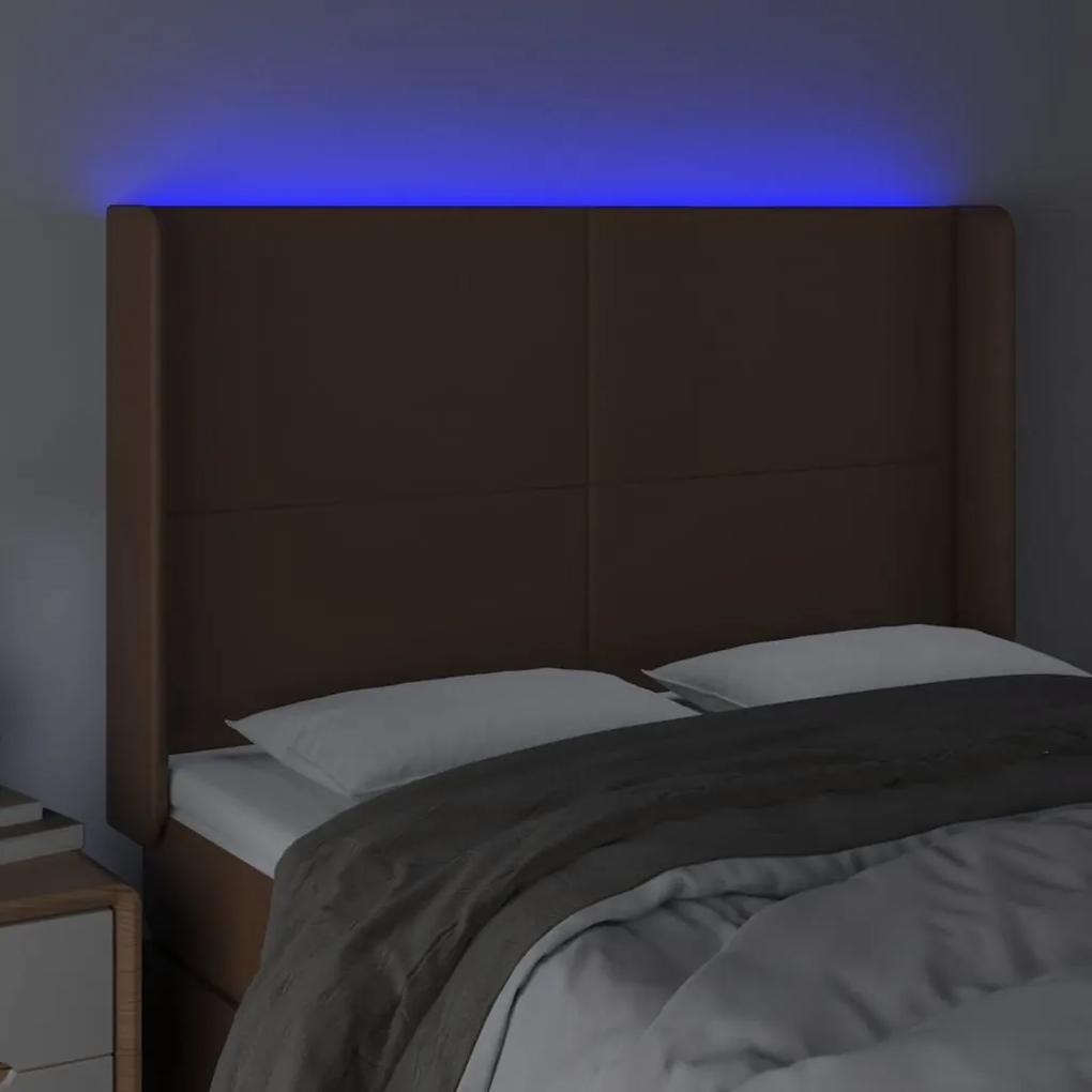Tablie de pat cu LED, maro, 147x16x118 128 cm, piele ecologica 1, Maro, 147 x 16 x 118 128 cm
