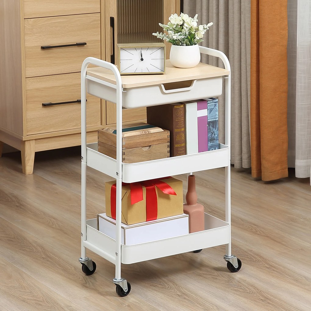 HOMCOM Masă de bucătărie cărucior de servire 2 rafturi sertar tavă aspect de lemn deschis oțel PP alb | Aosom Romania