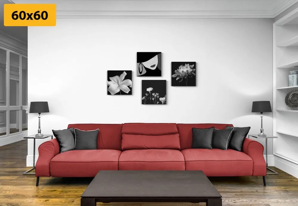 Set tablouri eleganța femeii și a florilor în design alb-negru