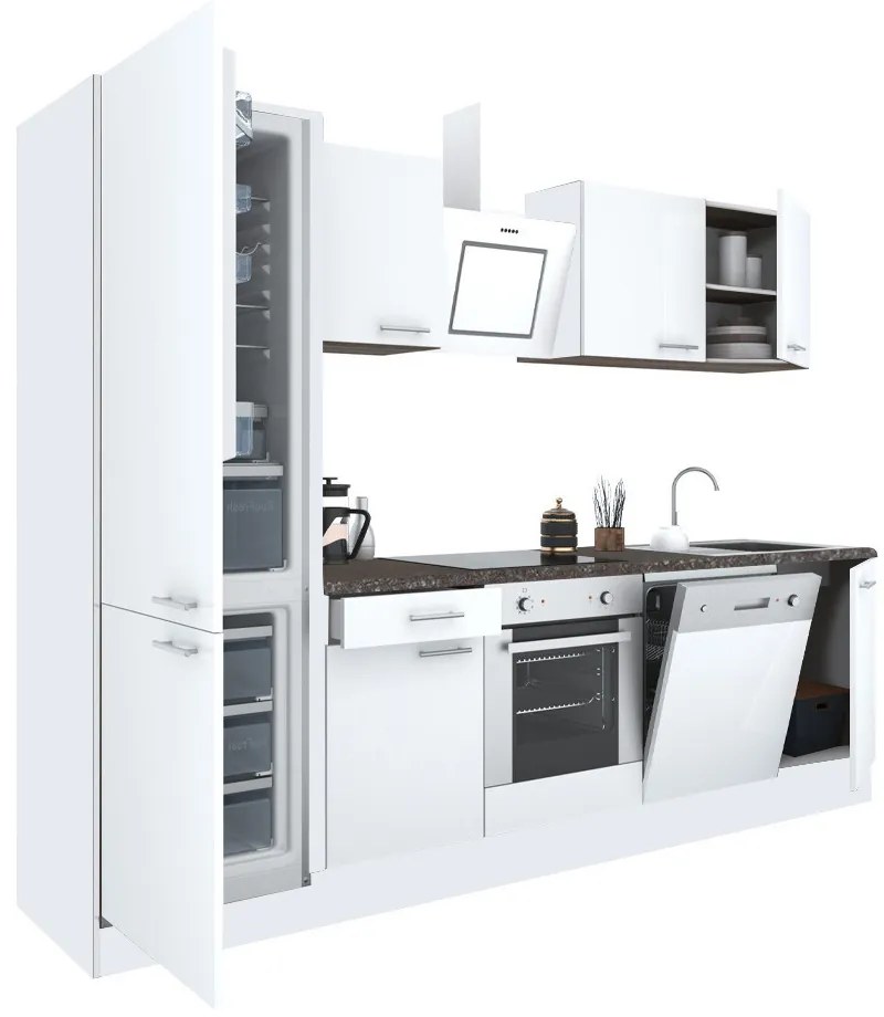 Mobilă de bucătărie Yorki 280, corp alb, față alb satinat, element cuptor inferior, frigider congelator inferior
