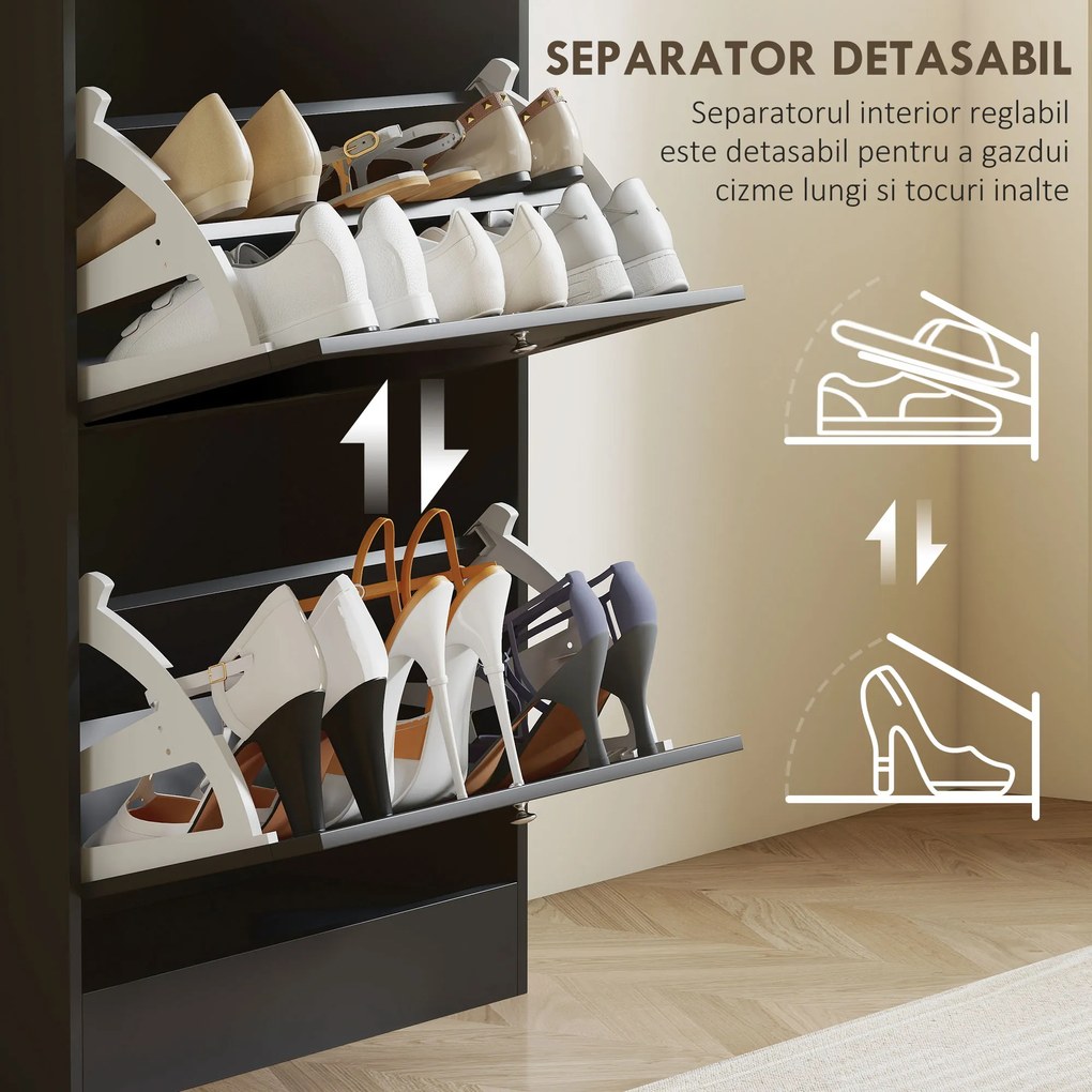HOMCOM Dulap Îngust pentru Pantofi cu 3 Sertare și Rafturi Reglabile pe 2 Niveluri, 60x23,5x115 cm, Negru | Aosom Romania