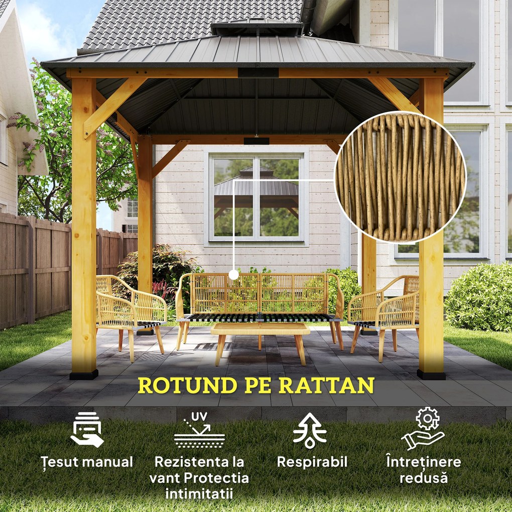 Outsunny Set de Mobilier de Grădină din 4 Piese cu Canapea, 2 Fotolii, Măsuță și Perne, 180x64x80 cm, Kaki | Aosom Romania