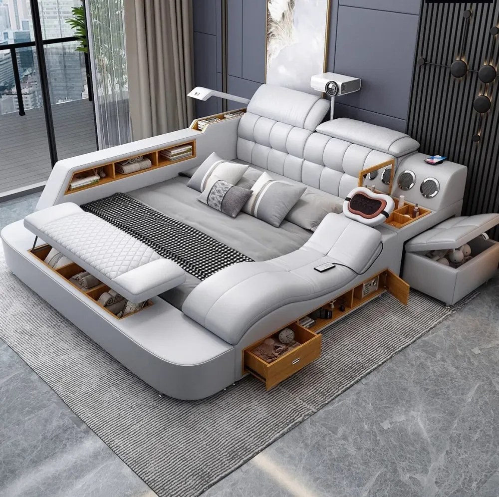 MOBLUX03 Luxury 180x200 cm Light Grey Left Chaise – Pat Inteligent Premium cu Proiector, Vibromasaj, Boxe Bluetooth, Încărcare Wireless și Spații Multiple de Depozitare