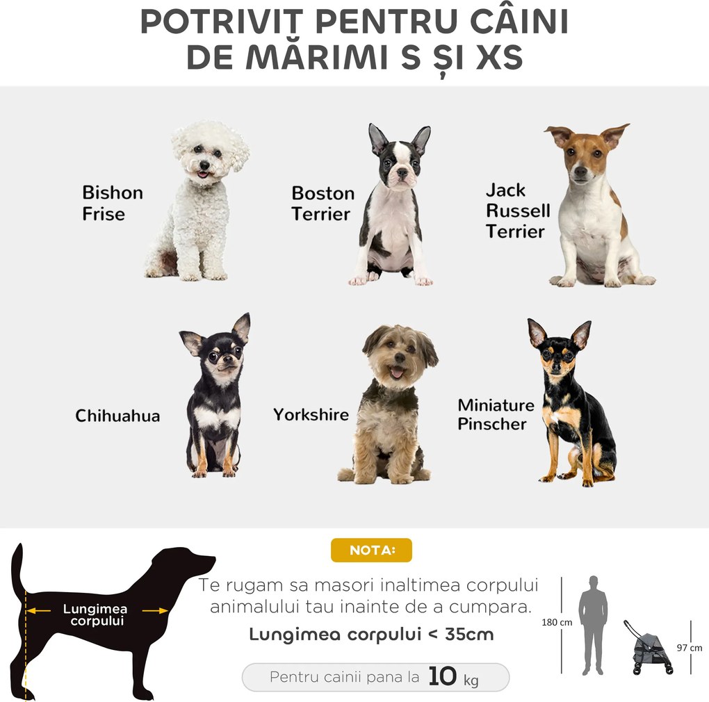 PawHut Cărucior Pliabil pentru Câini cu Acoperiș Reglabil, Geantă și 2 Lese, 82x47x97 cm, Gri | Aosom Romania