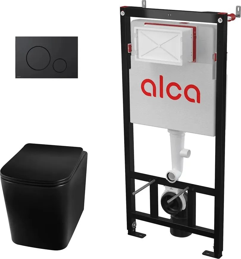 Pachet vas wc suspendat Rea Luga cu capac softclose, rama instalare Alcadrain si clapeta Alcadrain negru