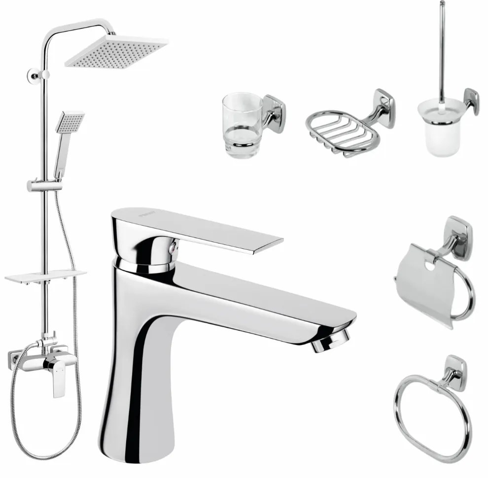 Set coloana dus si baterie lavoar Ferro Algeo Square cu accesorii Ferro Orfeus