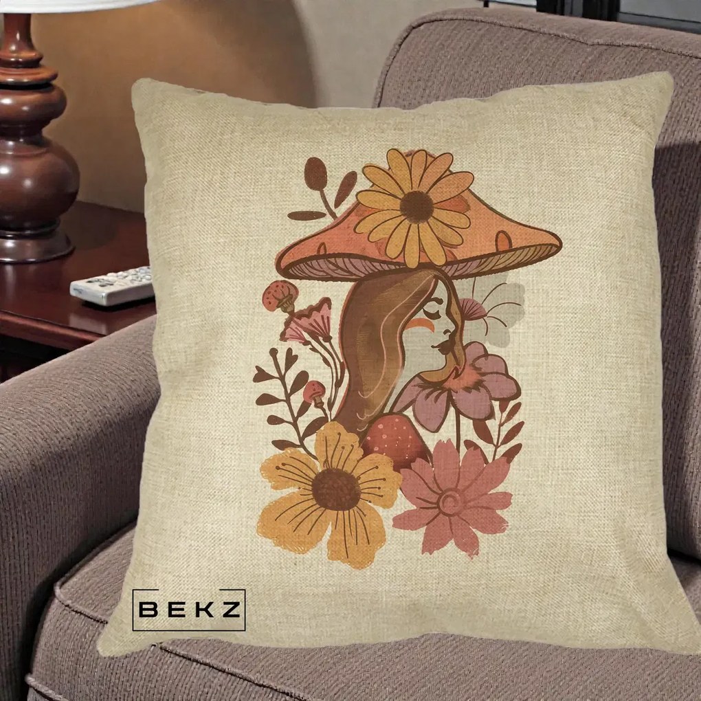 Perna Decorativa Fata Ciuperca Florala Boho, 40x40 cm, Crem, Husa Detasabila, Perna Inclusa, BEKZ®