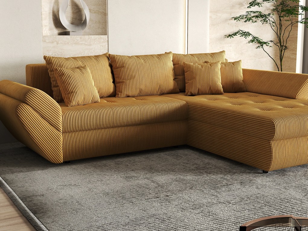 Colțar extensibil dumonde cu ladă de depozitare si sezut confortabil din spuma high-density, Loana Zoom Mustar II 270x185 cm