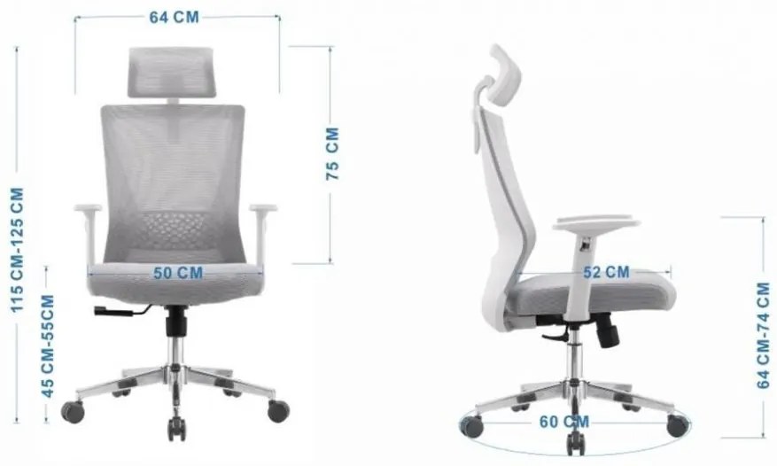 Scaun ergonomic, Spătar Mesh, Sezut textil, inaltime reglabila, baza metalica, Gri/Alb