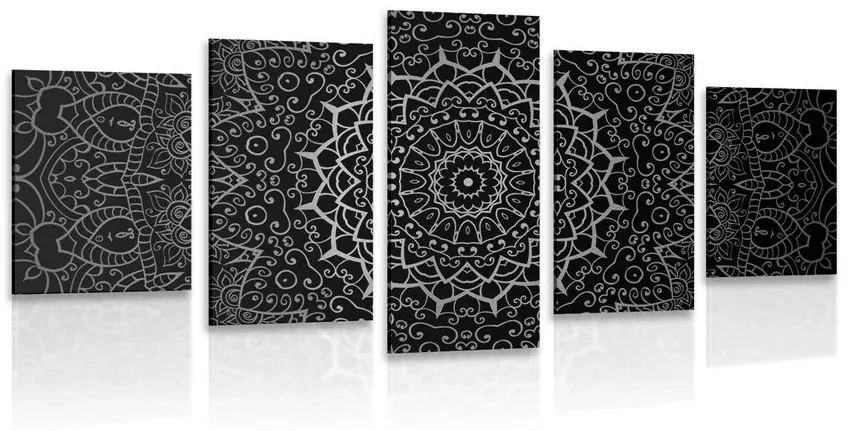Tablou 5-piese Mandala vintage în stil indian în design alb-negru