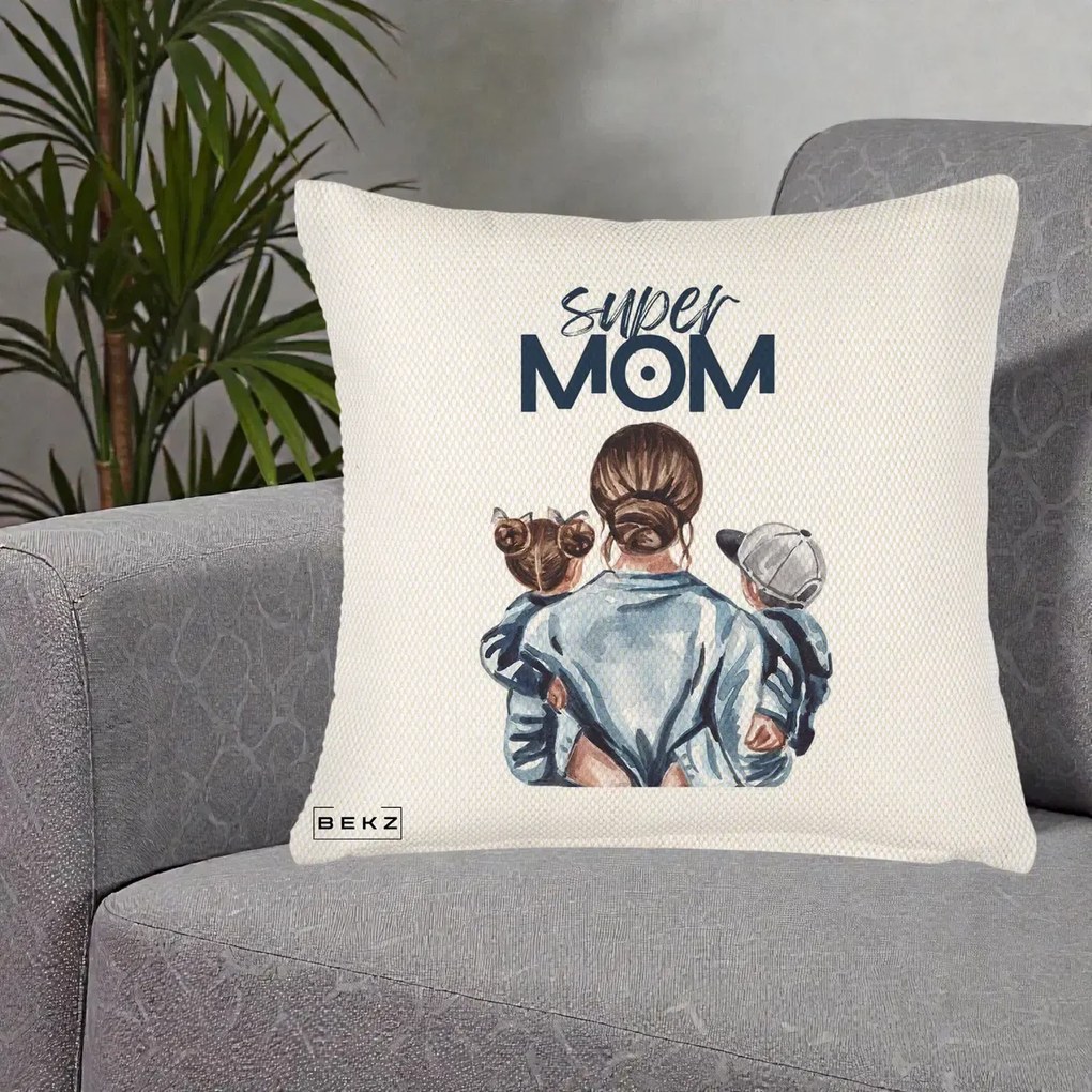 Cadou pentru Mama - Perna Personalizata Super Mom, 40x40 cm, Crem Reliefat, Husa Detasabila, Perna Inclusa, BEKZ®