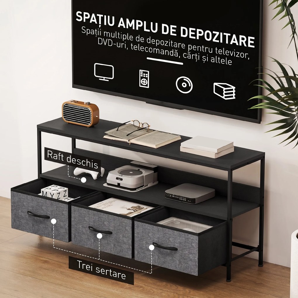 HOMCOM Suport TV Mobil, Până La 55", cu 3 Sertare Textil Pliabile, Raft, 120x29x56 cm, Negru | Aosom Romania