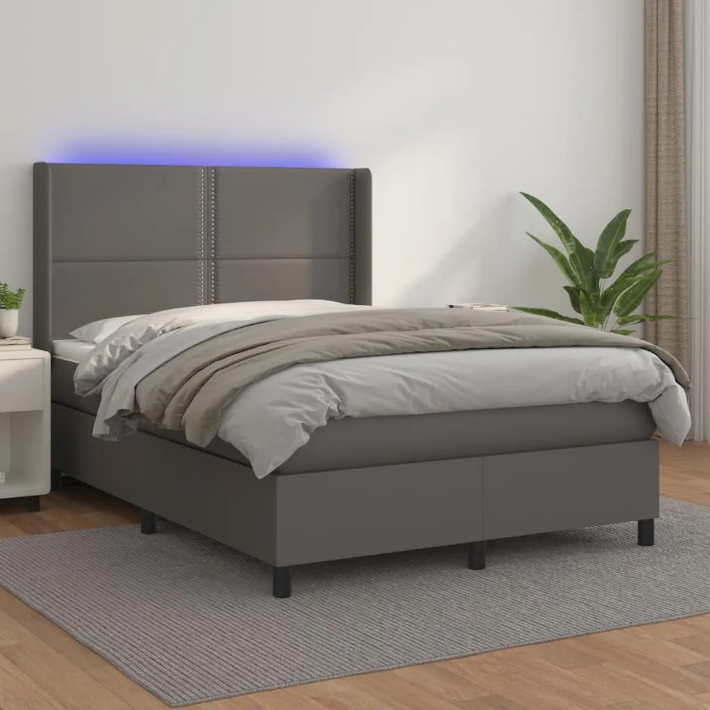 vidaXL Pat cu arcuri, cu saltea &amp; LED, gri, 140x190 cm, piele eco