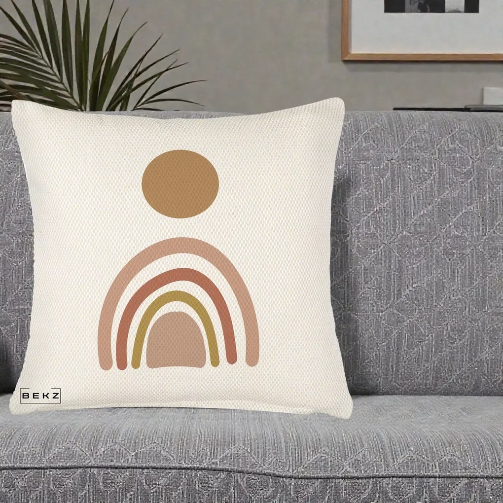 Perna Decorativa Boho Rainbow Sun, 40x40 cm, Crem Reliefat, Husa Detasabila, Perna Inclusa, BEKZ®