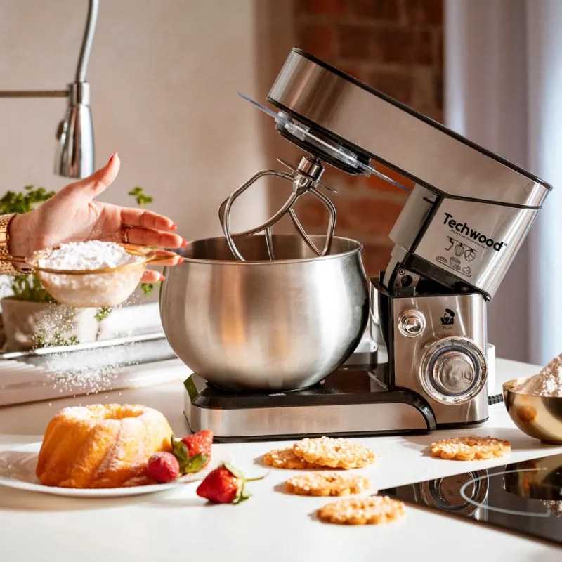 Mixer planetar Techwood TRO-1050, 1000W, 5 litri, 6 viteze, Pulse, 3 accesorii, Inox
