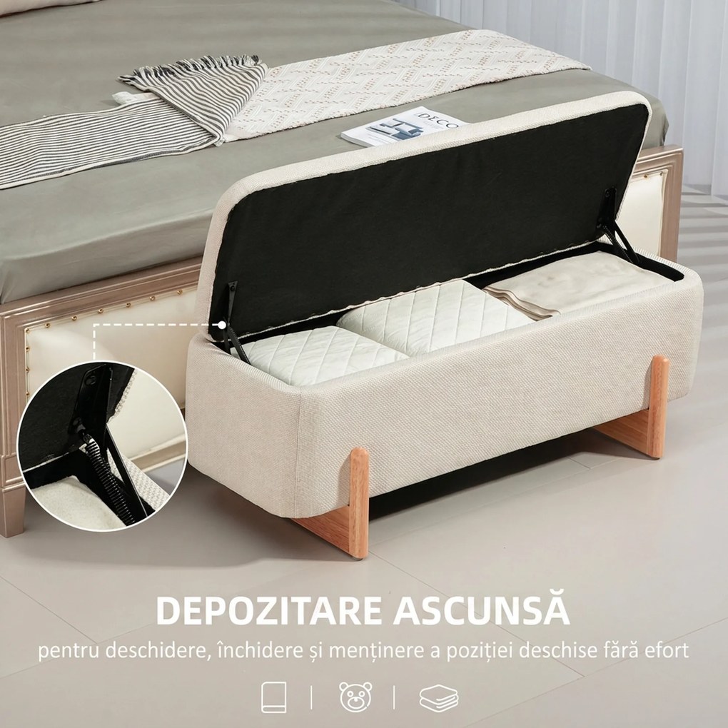 HOMCOM Banchetă cu Depozitare 111x44x44,5 cm, Șezut Tapițat, Material cu Efect de In, Picioare din Lemn, 150 kg, Crem | Aosom Romania