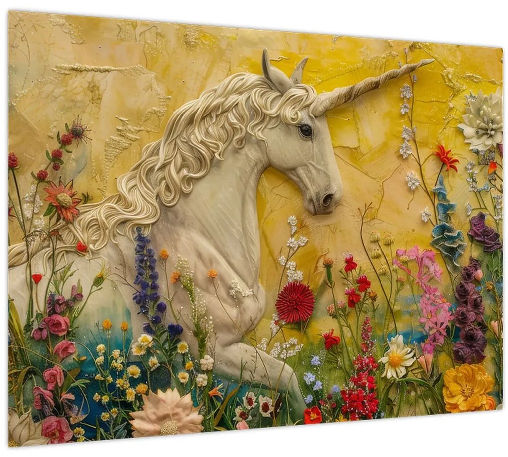 Tablou pe sticlă - Unicorn cu flori (70x50 cm)