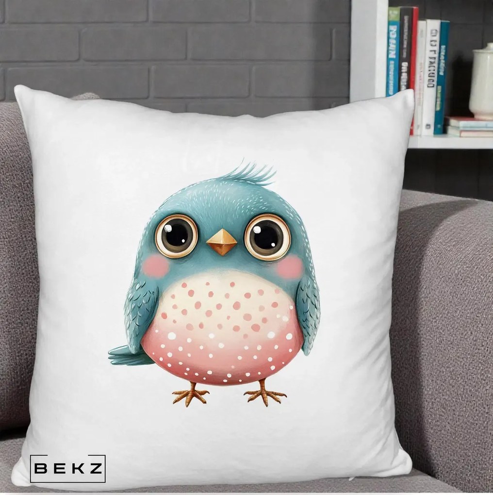 Perna Decorativa Pasare Teal-Roz cu Pete, 40x40 cm, Alb Pufos, Husa Detasabila, Perna Inclusa, BEKZ®