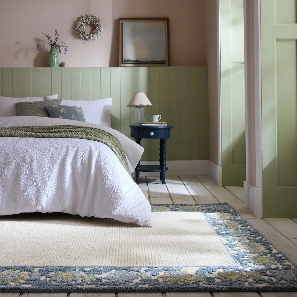 Covor albastru-fildeș țesut manual din amestesc de lână 200x290 cm Myla Floral Frame – Flair Rugs