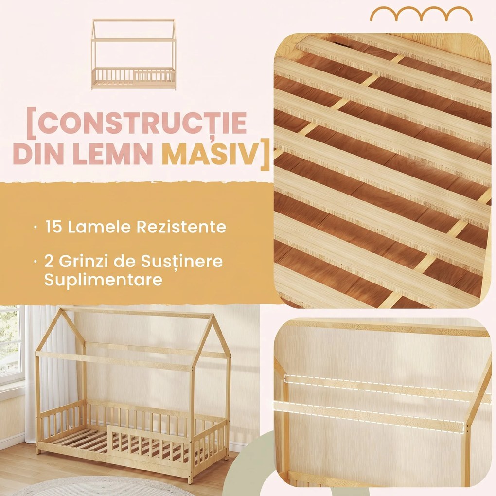 HOMCOM Pat pentru Copii din Lemn de Pin, 96x195x165 cm, Culoare Lemn | Aosom Romania