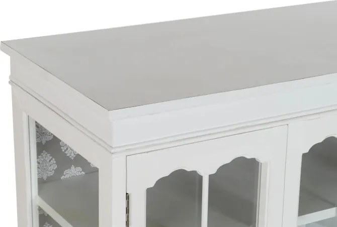 Bufet vintage shabby chic din lemn de molid, alb, cu 4 uși vitrate în arc, laterale din sticlă și picioare cabriole, 101,5 x 142,5 x 40,5 cm, „Amélie”