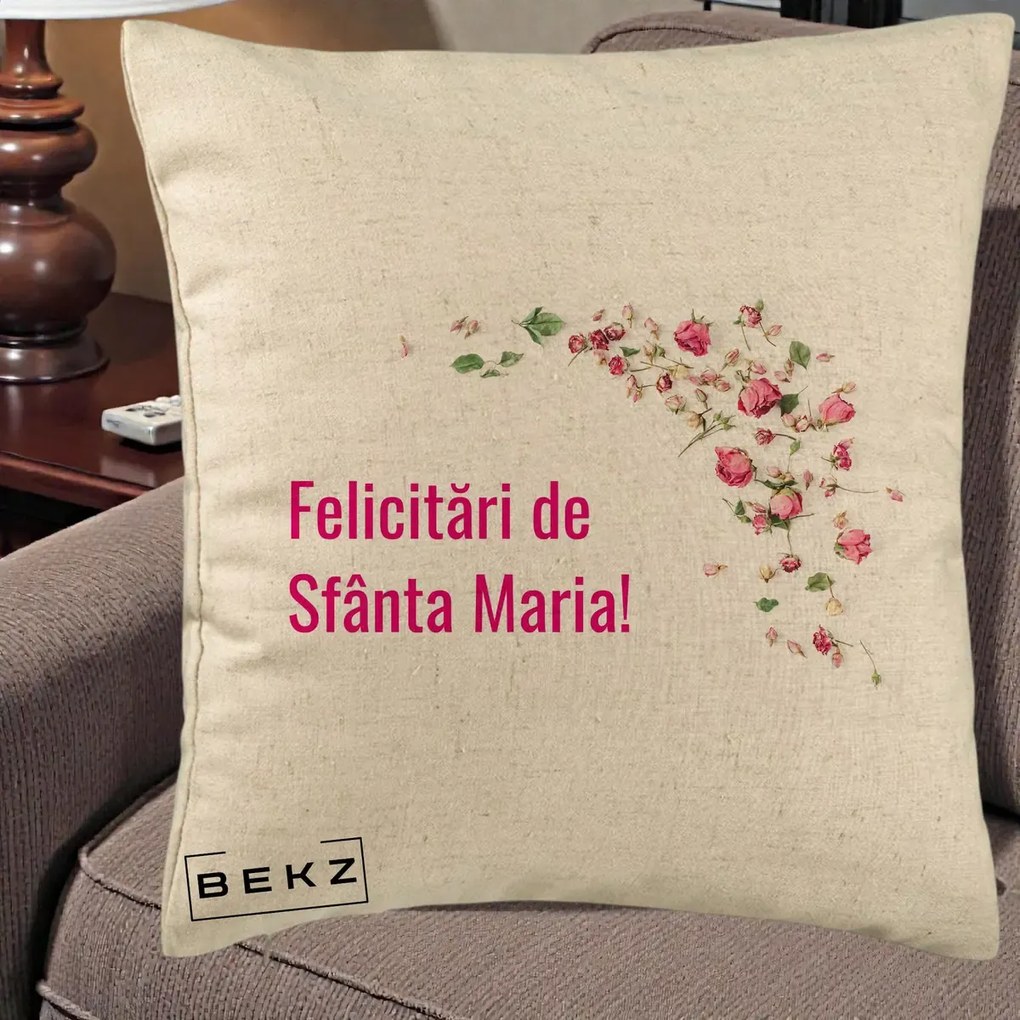 Cadou de Onomastica - Perna Personalizata Felicitari de Sfanta Maria, 40x40 cm, Bej, Husa Detasabila, Perna Inclusa, BEKZ®
