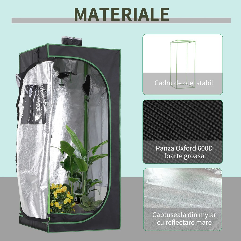 Outsunny Cort pentru Cultura Hidroponică, Spațiu de Creștere Plante, 60x60x140 cm, Rezistent la Lumină, Negru | Aosom Romania