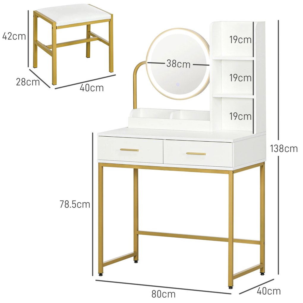 HOMCOM Masă de Machiaj cu Oglindă Iluminată și Taburet, Masă de Toaletă cu Sertare și Rafturi, 80x40x138 cm, Alb | Aosom Romania