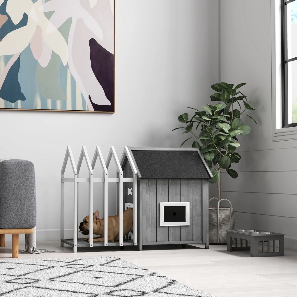 PawHut Niche pentru câine de exterior din lemn casă pentru câine de exterior cu terasă, ușă cu plăci, 106 x 62,5 x 80,5 cm, gri | Aosom Romania