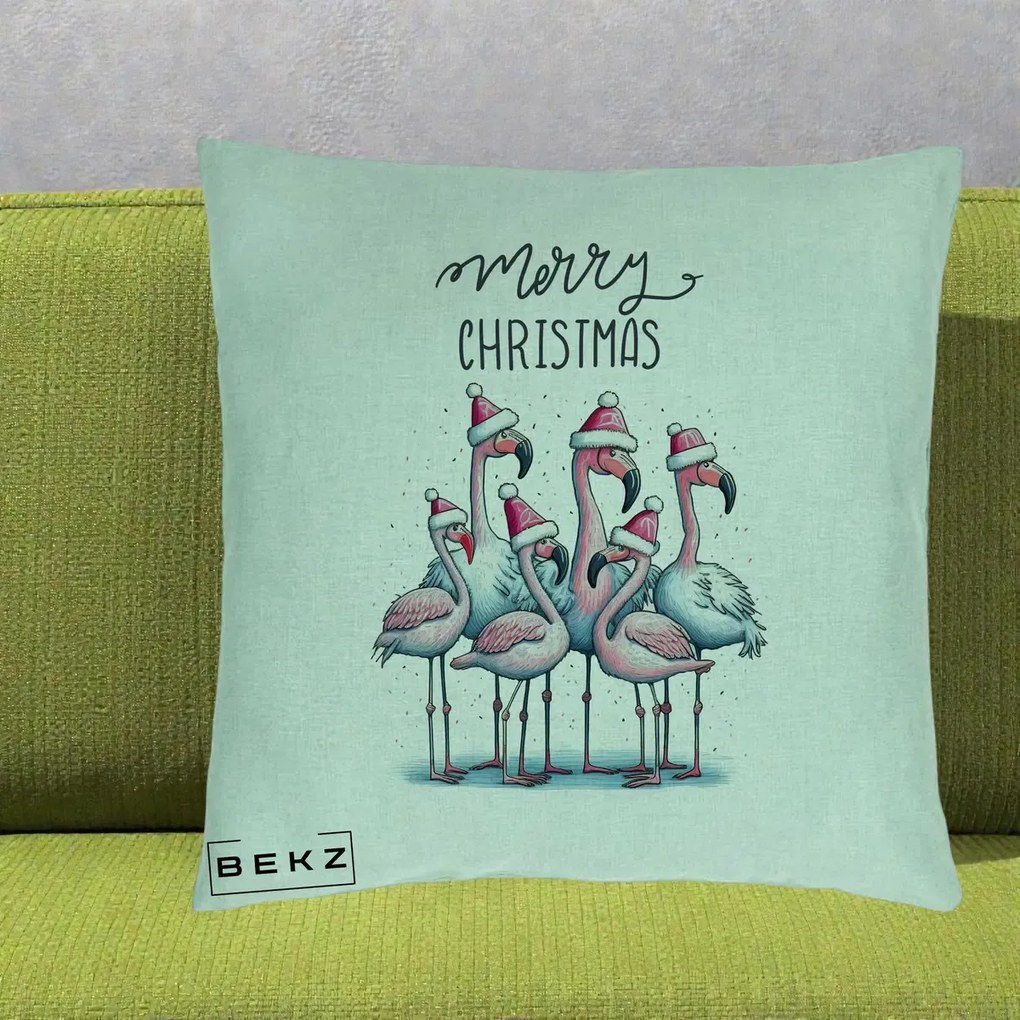 Perna Decorativa Flamingo Merry Christmas, 40x40 cm, Verde Menta, Husa Detasabila, Perna Inclusa, BEKZ®