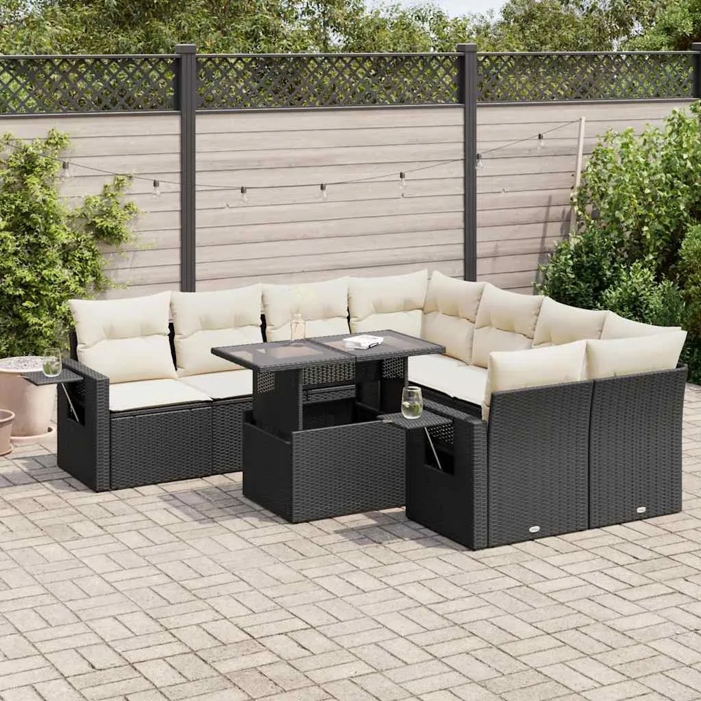 3326447 vidaXL Set mobilier de grădină cu perne, 9 piese, negru, poliratan