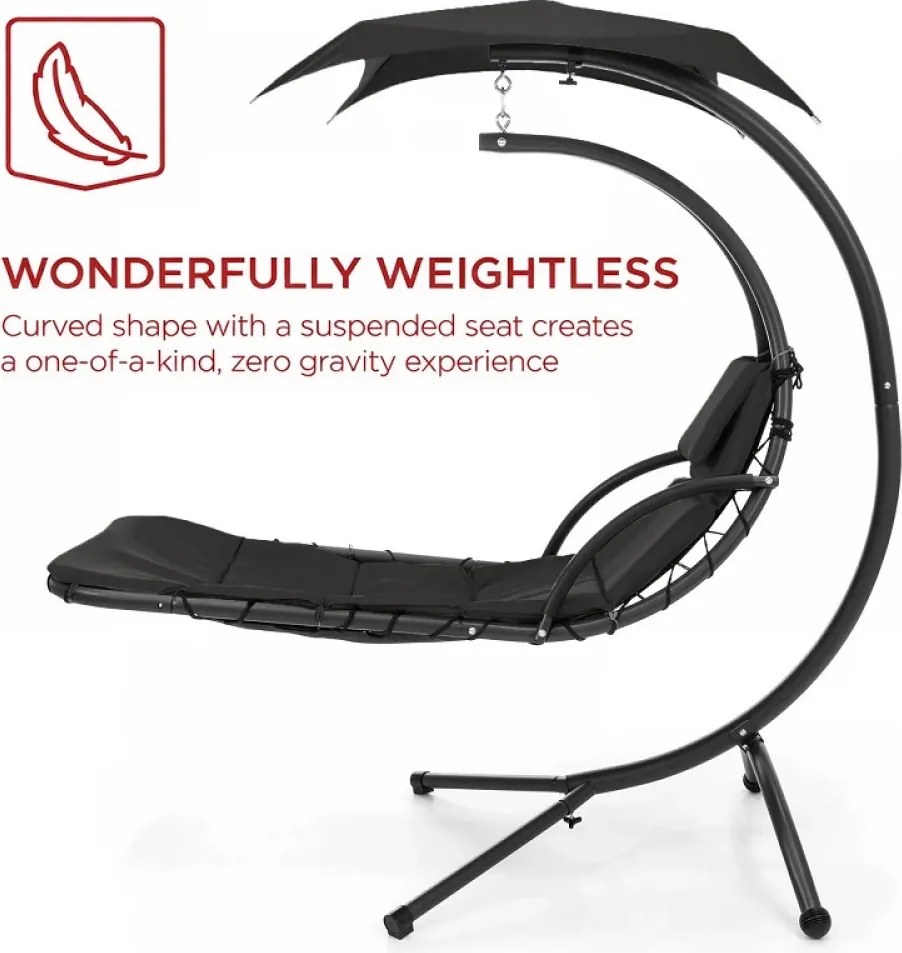 Șezlong suspendat din oțel, cu pernă încorporată, baldachin detașabil, Negru