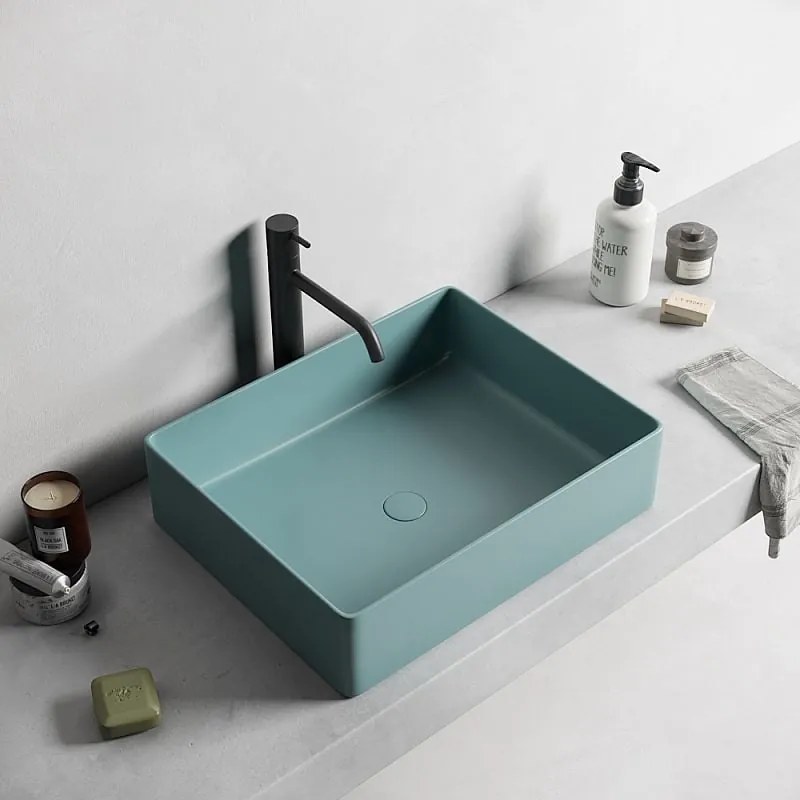 Lavoar baie dreptunghiular pe blat, verde mat, ventil inclus, Foglia, Color Verde mat