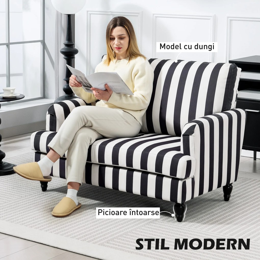 HOMCOM Fotoliu de Living cu Șezut Larg și Cotiere Lungi, Fotoliu din Catifea cu Dungi și Umplutură Groasă, 115x82x82 cm, Negru și Alb | Aosom Romania
