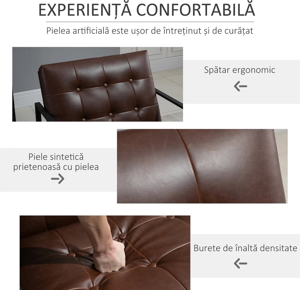 Fotoliu Stil Industrial Matlasat cu Nasturi, Mobilier Modern Fotoliu scaun din metal si PU, 62x74x78cm Maro HOMCOM | Aosom RO