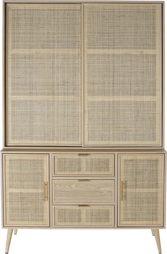 Vitrină din lemn de paulownia, natur, cu 4 uși, 3 sertare și 3 rafturi, panouri din ratan împletit, finisaj natural, 196 x 120 x 38,5 cm, „Sully”