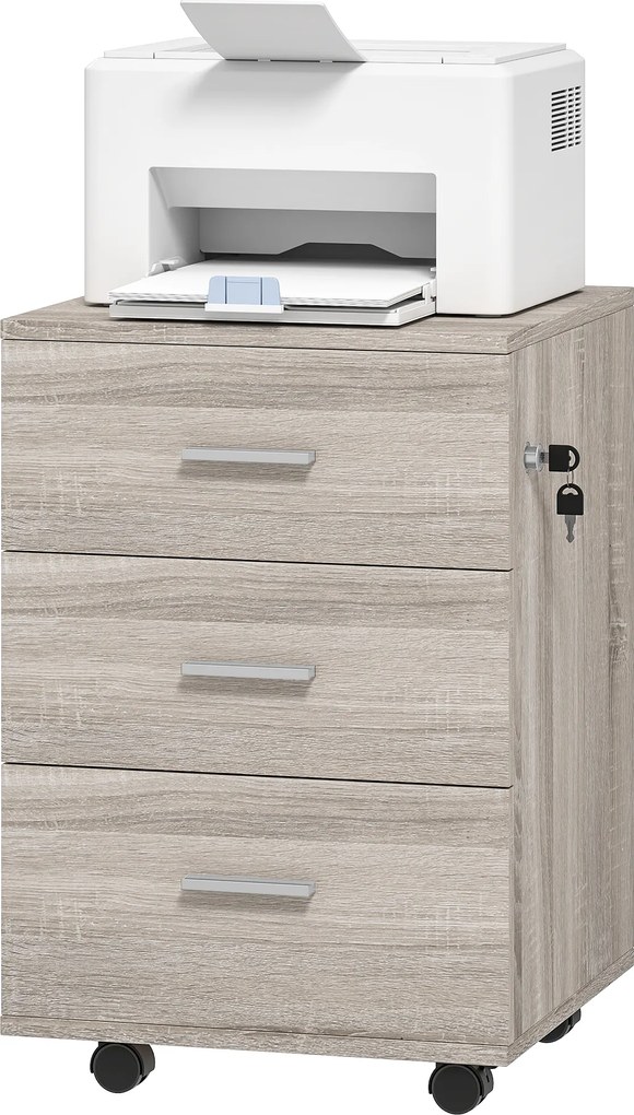 Vinsetto Comodă de birou cu 3 sertare Roți Încuietoare 2 Chei Arhivator Mobil pentru Studiu Living 40x40x61,5 cm Gri | Aosom Romania