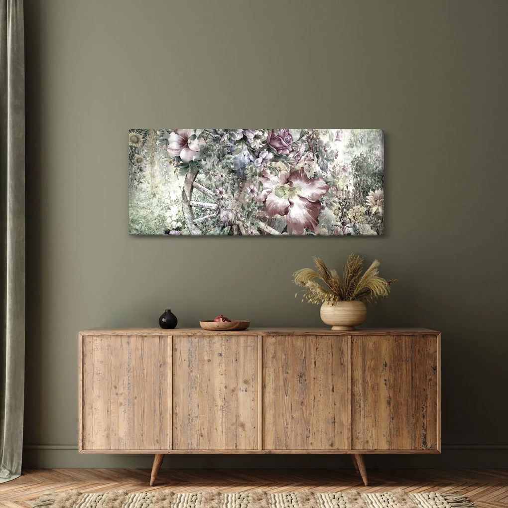Tablou - Flori pe roata de lemn (120x50 cm)