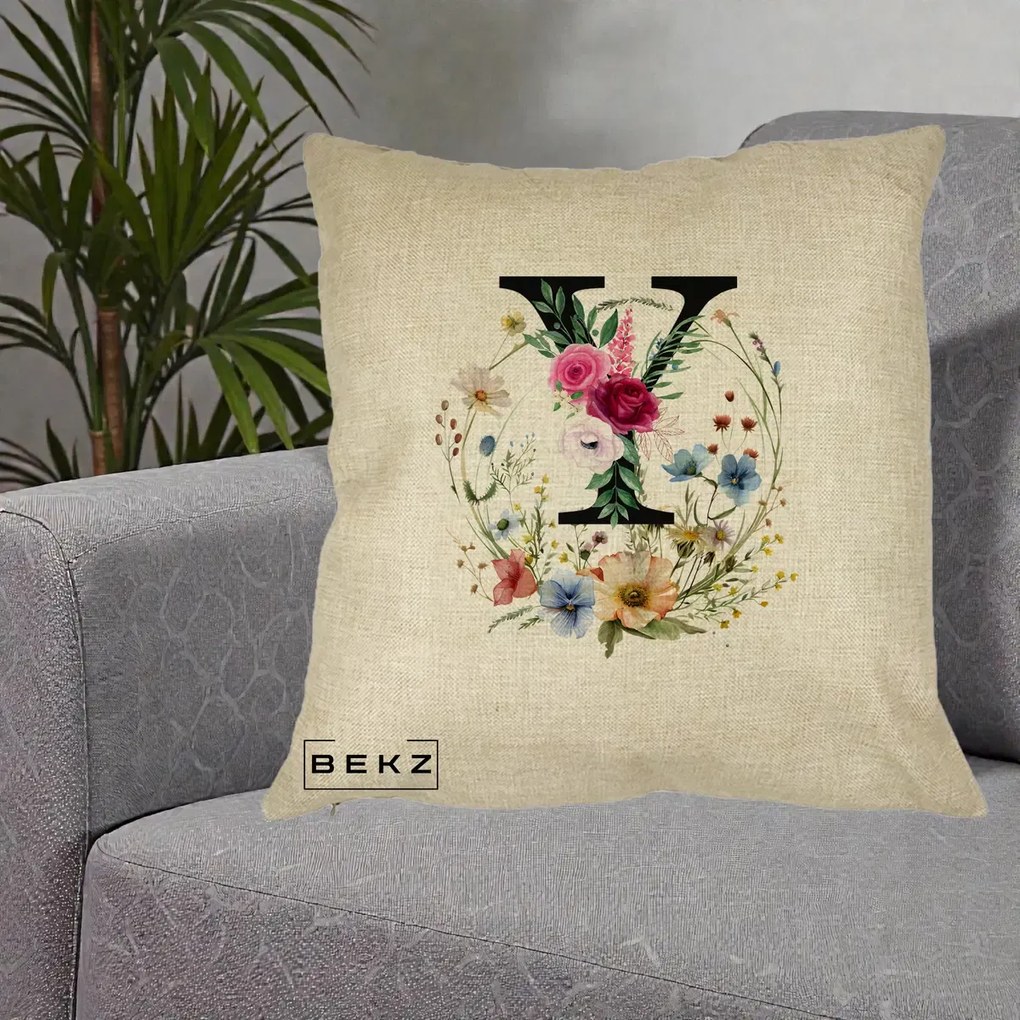 Cadou Personalizat - Perna Personalizata Monograma Florala Litera Y cu Coroana, 40x40 cm, Crem, Husa Detasabila, Perna Inclusa, BEKZ®