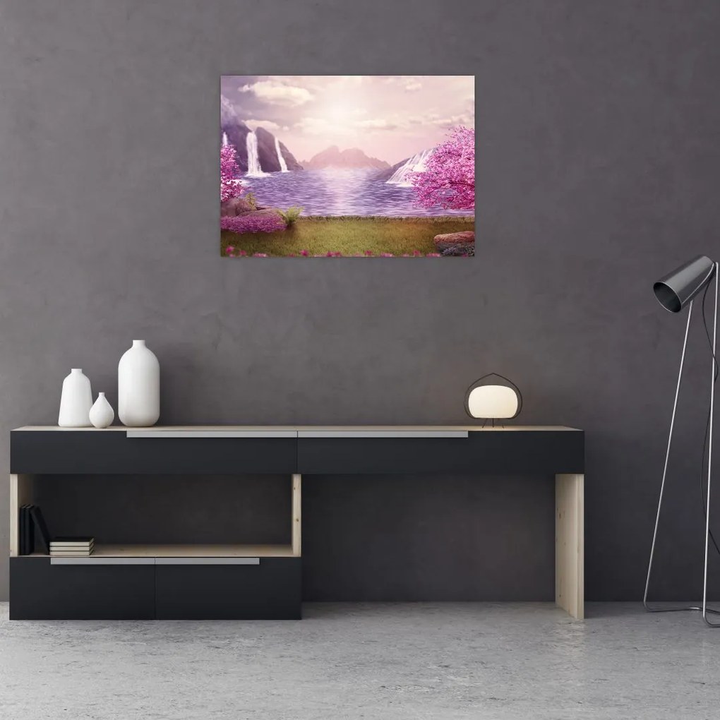 Tablou cu pomi roz cu lac (70x50 cm)